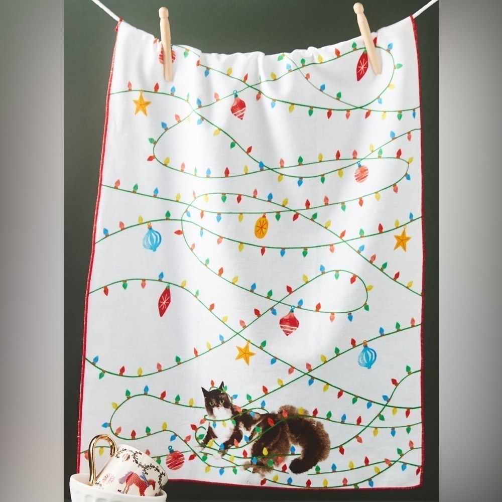 Anthropologie Christmas cat dishtowel decor lights colorful kitchen cotton home